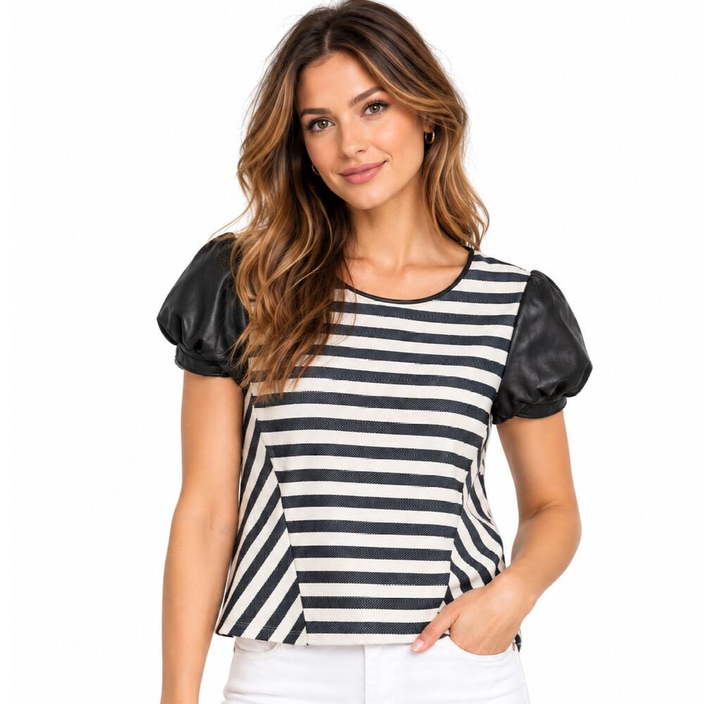 Maje Paris ARBO Striped Cotton Lambskin Leather Sleeve Top Size 1/S